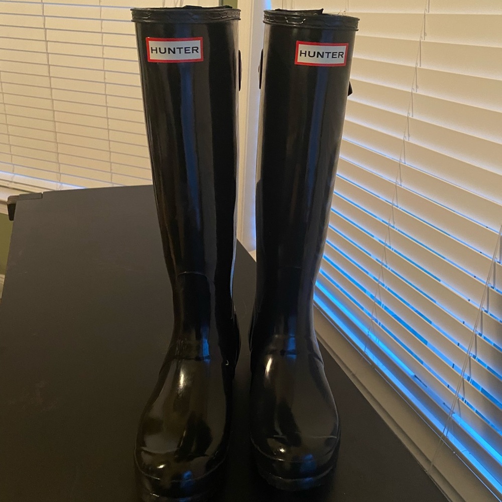 Hunter Womens Original Tall Gloss Rain Boots Black Wellingtons Size 6